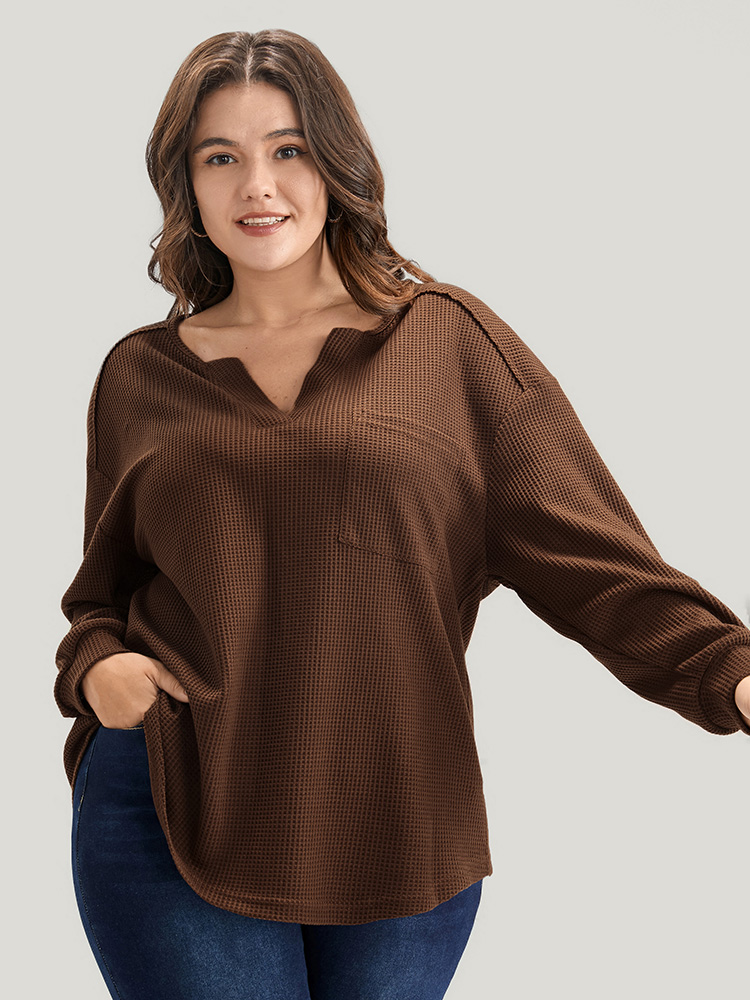 

Plus Size Solid Pocket Notched Waffle Knit Sweatshirt Women DarkBrown Elegant Pocket V-neck Dailywear Sweatshirts BloomChic