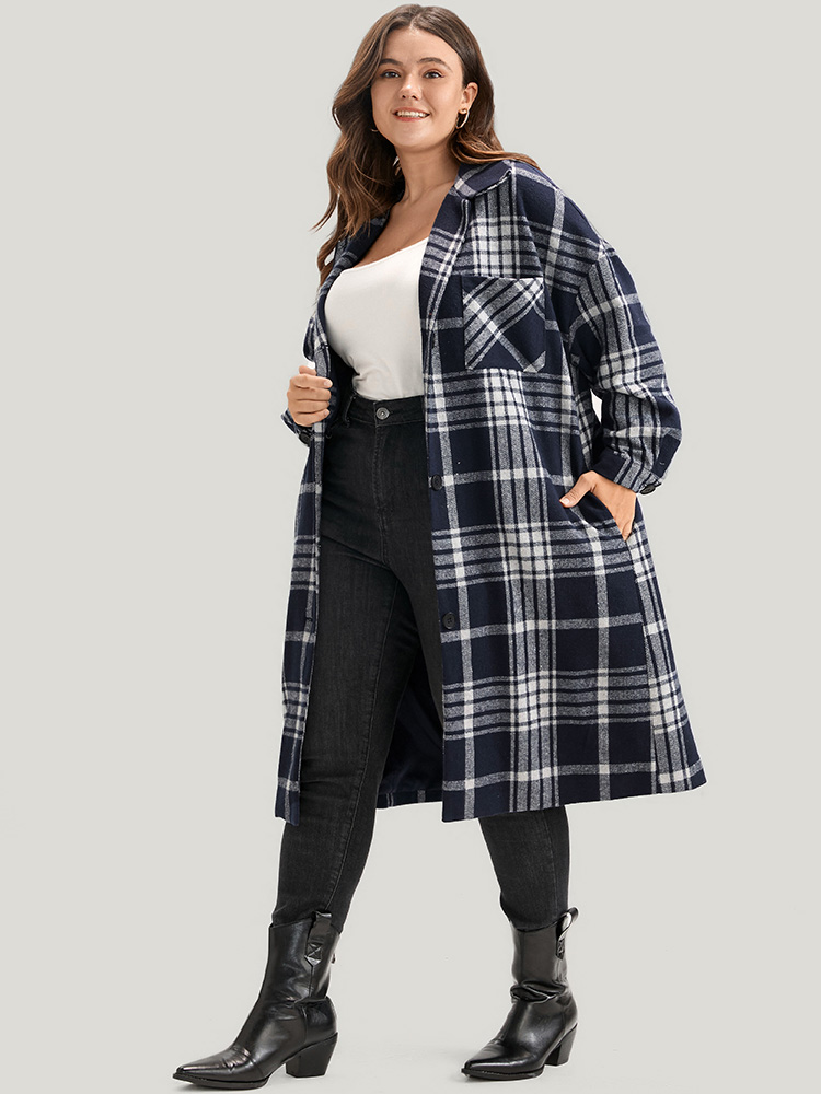 

Plus Size Plaid Pocket Button Up Coat Without Belt Women Indigo Casual Pocket Ladies Dailywear Winter Coats BloomChic