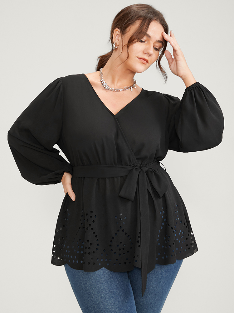 

Plus Size Black Solid Wrap Lantern Sleeve Laser Cut Belted Blouse Women Office Long Sleeve V-neck Work Blouses BloomChic