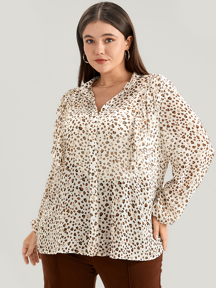 

Plus Size Apricot Leopard Mesh Ruffle Trim Button Up Blouse Women Office Long Sleeve Lapel Collar Work Blouses BloomChic