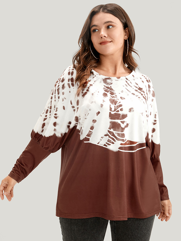 Plus Size Women Dailywear Tie Dye Printed Dolman Sleeve Long Sleeve Round Neck Casual T-shirts BloomChic 