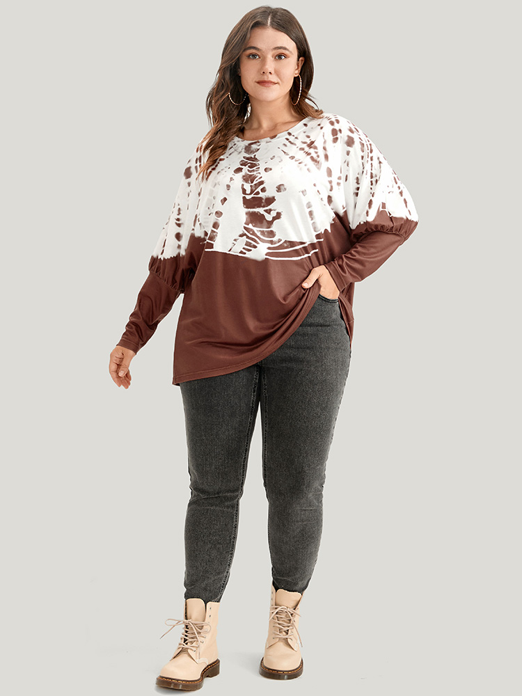 Plus Size Women Dailywear Tie Dye Printed Dolman Sleeve Long Sleeve Round Neck Casual T-shirts BloomChic 