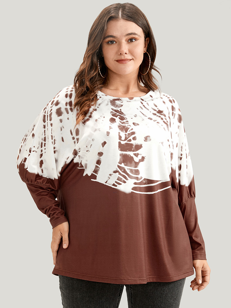 

Tie Dye Round Neck Dolman Sleeve Long Tee, Chocolate