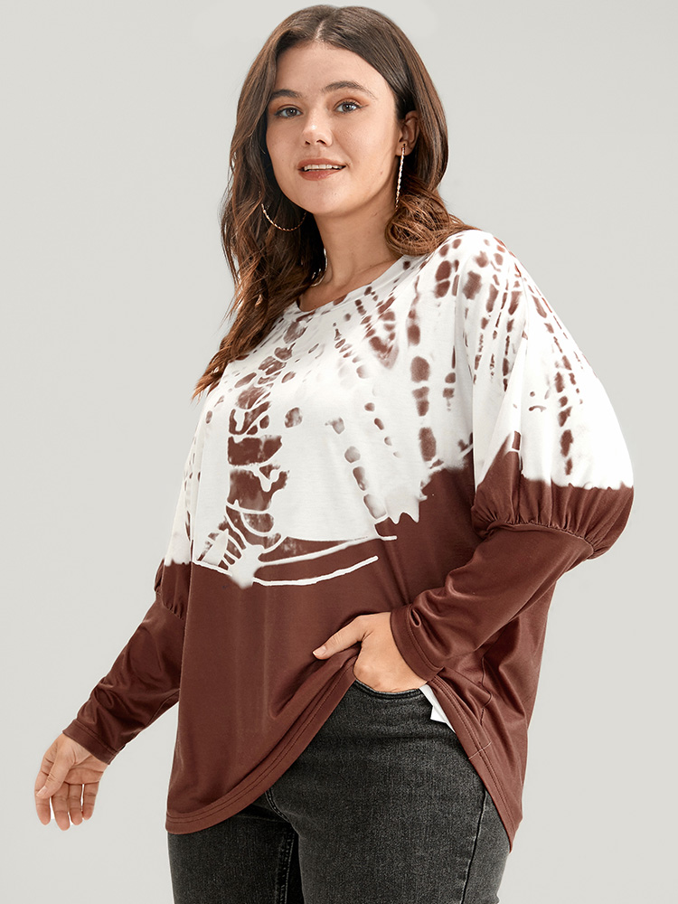 Plus Size Women Dailywear Tie Dye Printed Dolman Sleeve Long Sleeve Round Neck Casual T-shirts BloomChic 