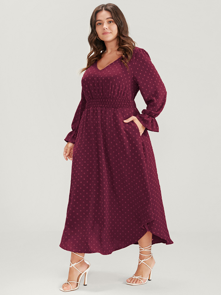 

Plus Size Polka Dot Pocket Lantern Sleeve Shirred Maxi Dress Burgundy Women Elegant Arc Hem V-neck Long Sleeve Curvy Long Dress BloomChic