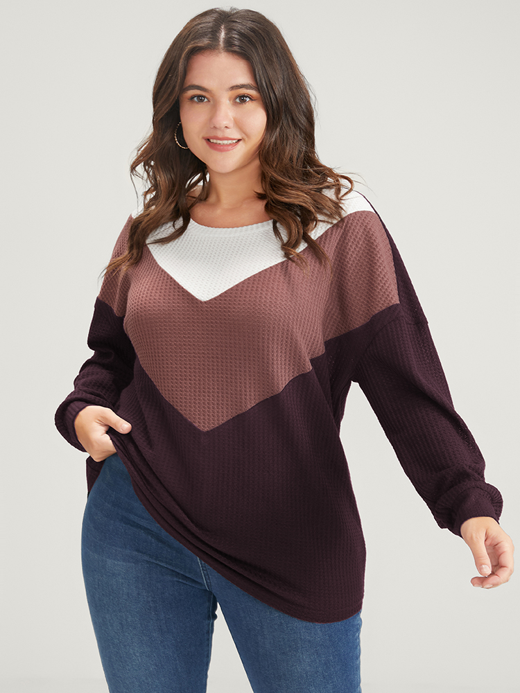 

Plus Size Colorblock Contrast Waffle Knit Sweatshirt Women Burgundy Elegant Patchwork Round Neck Dailywear Sweatshirts BloomChic