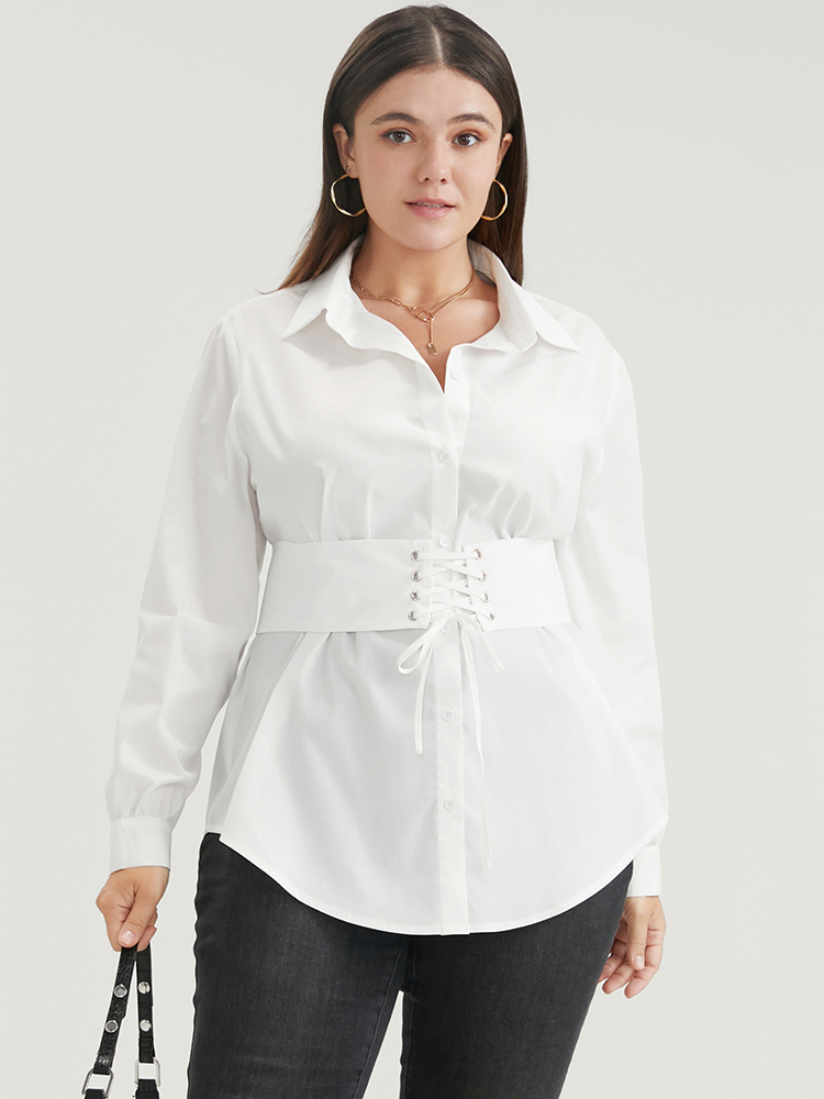 

Plus Size WhiteSmoke Solid Button Up Belted Lapel Collar Blouse Women Office Long Sleeve Lapel Collar Work Blouses BloomChic