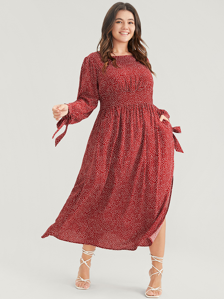 

Plus Size Polka Dot Knotted Sleeve Pocket Shirred Split Dress Scarlet Women Elegant Cross straps Round Neck Long Sleeve Curvy Midi Dress BloomChic