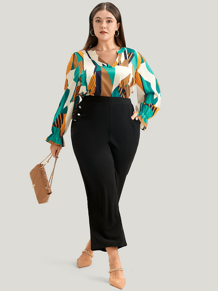 

Plus Size Multicolor Geometric Print V Neck Blouse Women Office Long Sleeve V-neck Work Blouses BloomChic