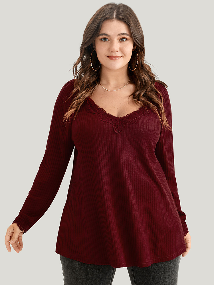 

Plus Size Solid Lace Trim Rib Knit Long Tee Burgundy V-neck Long Sleeve Elegant Jersey Tops