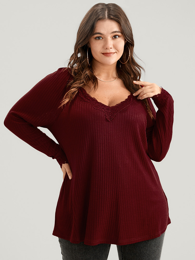 

Plus Size Solid Lace Trim Rib Knit Long Tee Burgundy V-neck Long Sleeve Elegant Jersey Tops