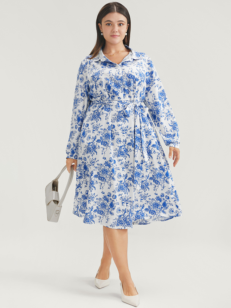 

Plus Size Floral Button Up Pocket Belted Lapel Collar Dress WhiteSmoke Women Office Belted Lapel Collar Long Sleeve Curvy Knee Dress BloomChic