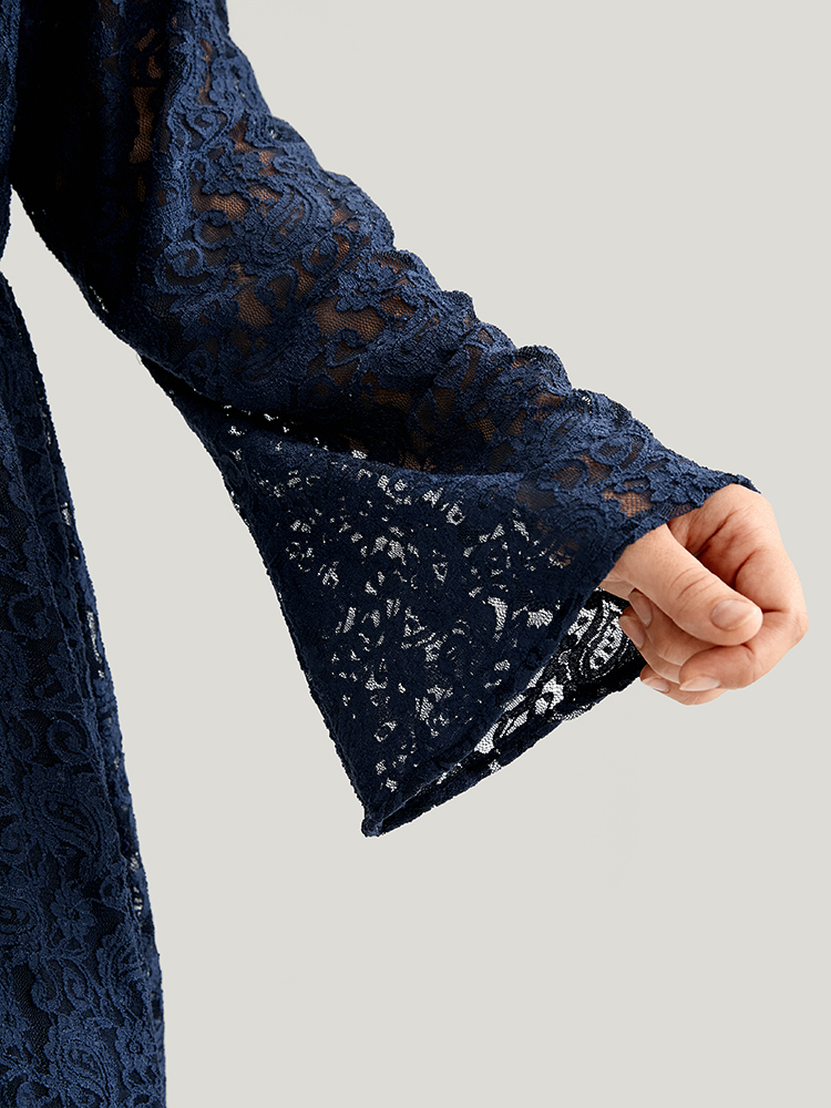 

Plus Size Solid Bell Sleeve Split Hem Lace Wrap Maxi Dress Navy Women Glamour Plain V-neck Long Sleeve Curvy Long Dress BloomChic