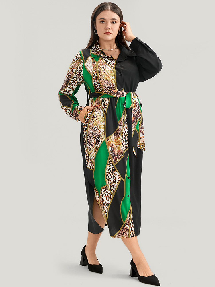 Plus Size Women Work Chain Print Printed Regular Sleeve Long Sleeve Shirt collar Pocket Belt Office Dresses BloomChic 