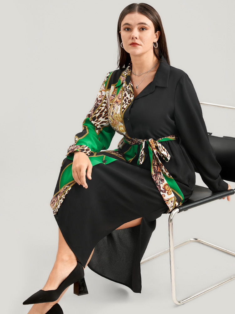 Plus Size Women Work Chain Print Printed Regular Sleeve Long Sleeve Shirt collar Pocket Belt Office Dresses BloomChic 