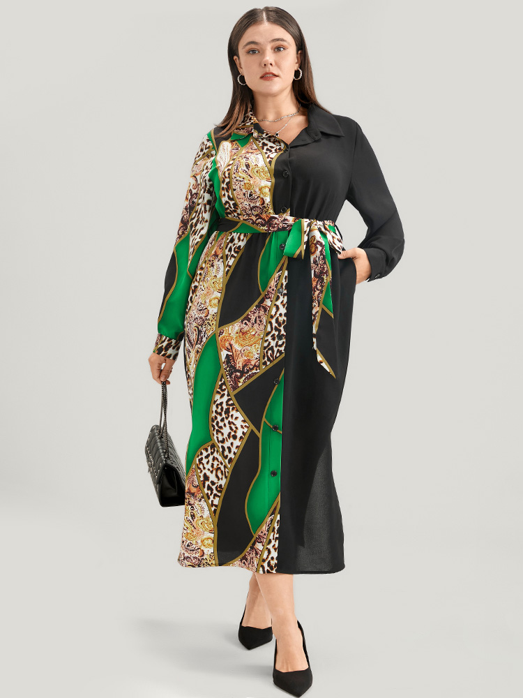 Plus Size Women Work Chain Print Printed Regular Sleeve Long Sleeve Shirt collar Pocket Belt Office Dresses BloomChic 