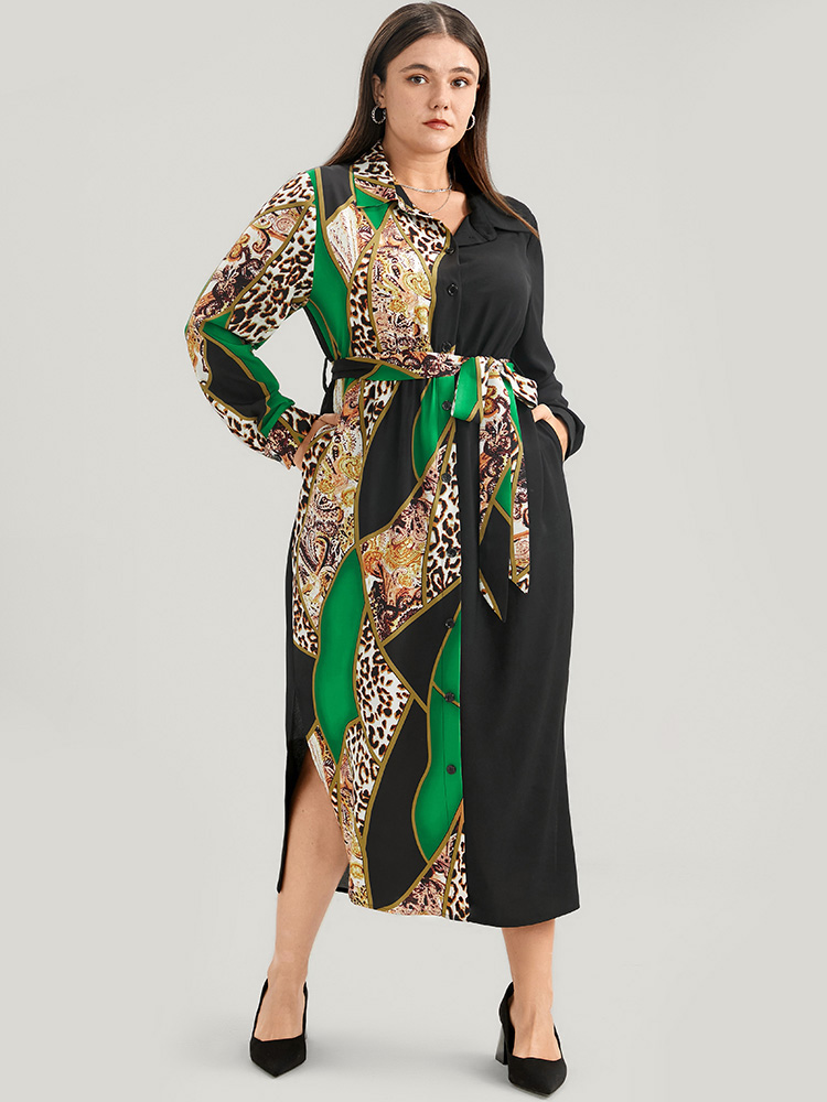 Plus Size Women Work Chain Print Printed Regular Sleeve Long Sleeve Shirt collar Pocket Belt Office Dresses BloomChic 