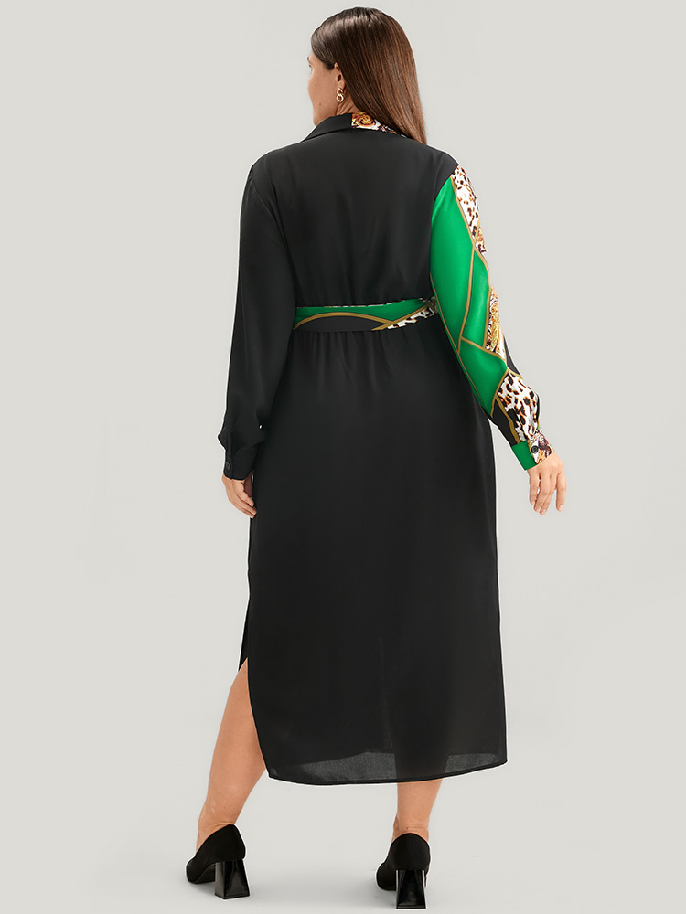 Plus Size Women Work Chain Print Printed Regular Sleeve Long Sleeve Shirt collar Pocket Belt Office Dresses BloomChic 