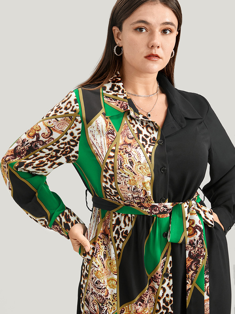 Plus Size Women Work Chain Print Printed Regular Sleeve Long Sleeve Shirt collar Pocket Belt Office Dresses BloomChic 