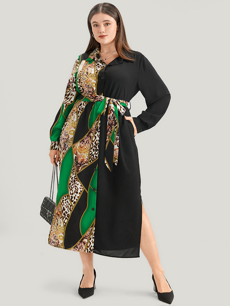 Plus Size Women Work Chain Print Printed Regular Sleeve Long Sleeve Shirt collar Pocket Belt Office Dresses BloomChic 