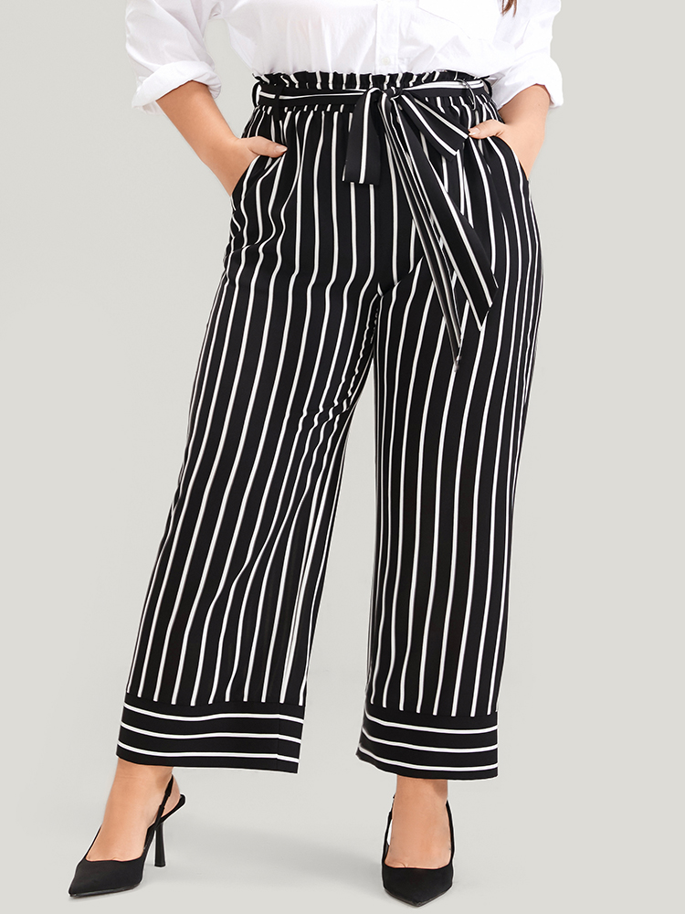 

Plus Size Striped Patchwork Pocket Belted Elastic Waist Pants Women Black Office High Rise Work Pants BloomChic