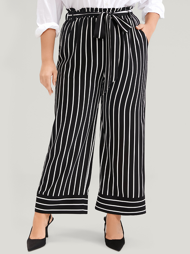 Plus Size Striped Patchwork Pocket Belted Elastic Waist Pants Women Black Office High Rise Work Pants BloomChic 22-24/3X 