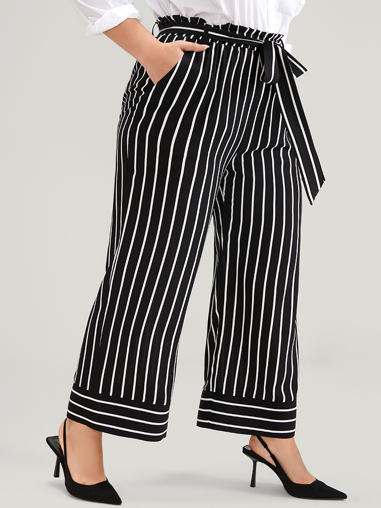 Plus Size Striped Patchwork Pocket Belted Elastic Waist Pants Women Black Office High Rise Work Pants BloomChic 22-24/3X 