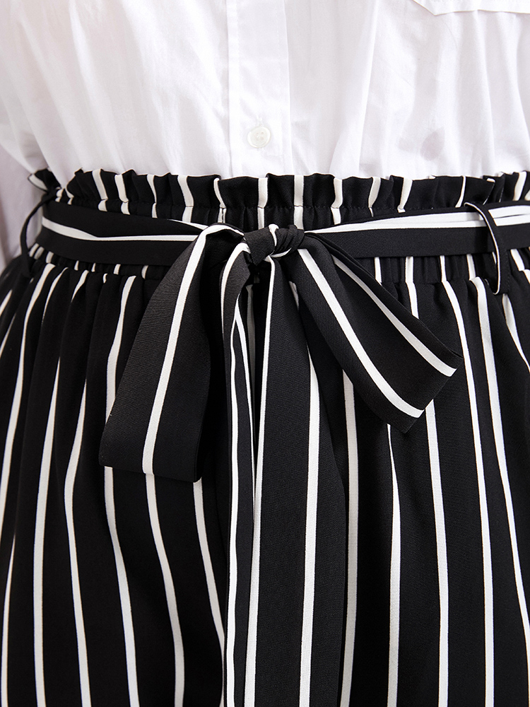 Plus Size Striped Patchwork Pocket Belted Elastic Waist Pants Women Black Office High Rise Work Pants BloomChic 22-24/3X 