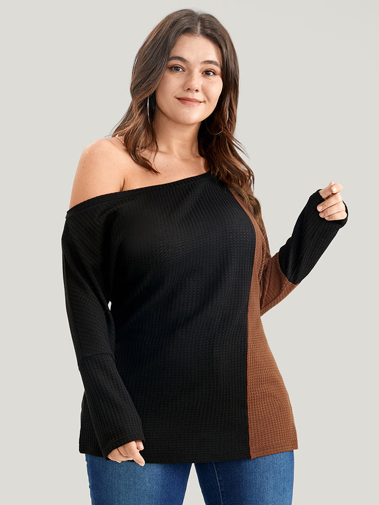 Plus Size Colorblock Contrast Waffle Knit One Shoulder Long Tee Black Women Elegant Patchwork Colorblock One Shoulder Dailywear T-shirts BloomChic 14-16/1X 