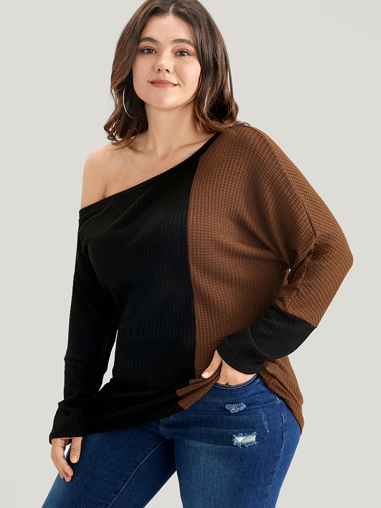 Plus Size Colorblock Contrast Waffle Knit One Shoulder Long Tee Black Women Elegant Patchwork Colorblock One Shoulder Dailywear T-shirts BloomChic 14-16/1X 