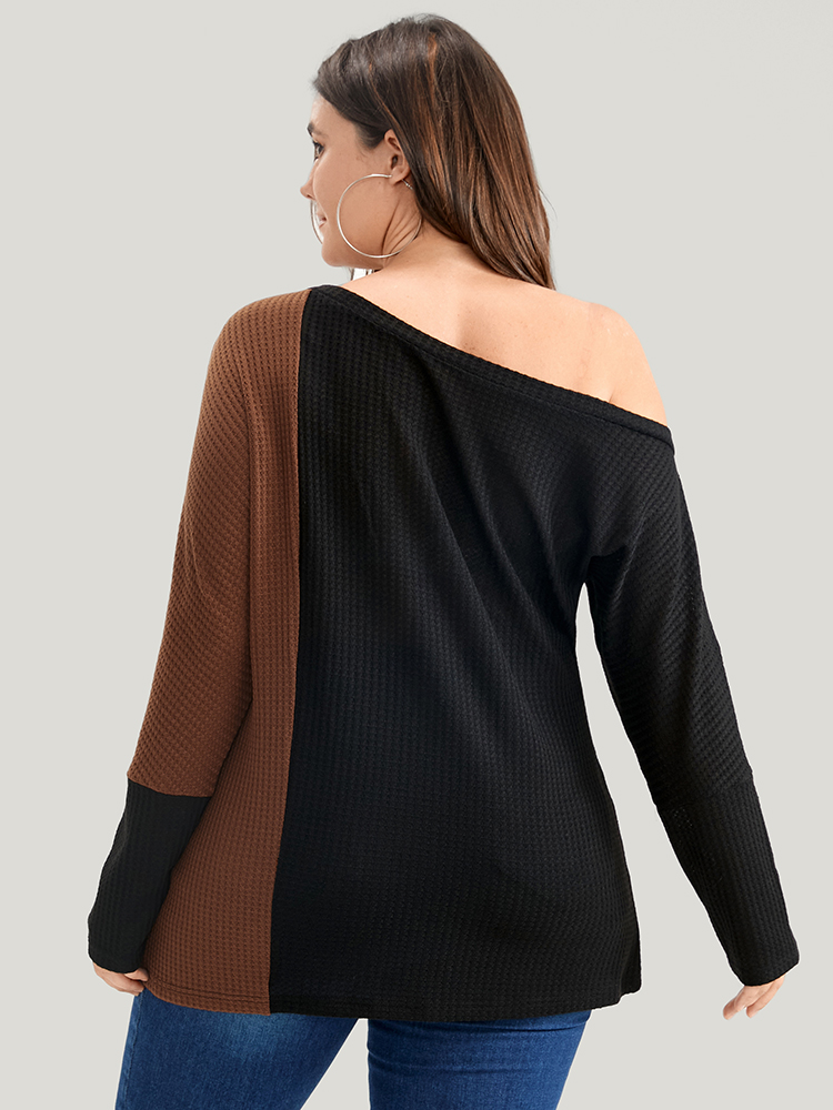 Plus Size Colorblock Contrast Waffle Knit One Shoulder Long Tee Black Women Elegant Patchwork Colorblock One Shoulder Dailywear T-shirts BloomChic 14-16/1X 