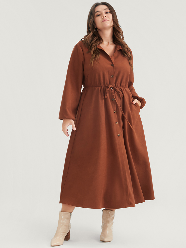 

Plus Size Solid Tie Up Shirt Collar Pocket Button Detail Corduroy Dress Chocolate Women Office Button Shirt collar Long Sleeve Curvy Midi Dress BloomChic