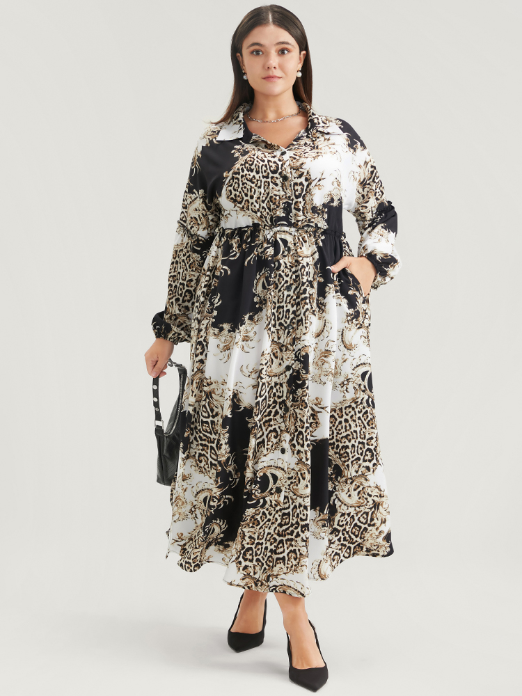 Plus Size Leopard Pocket Button Detail Lantern Sleeve Split Dress Black Women Office Pocket Shirt collar Long Sleeve Curvy Long Dress BloomChic 18-20/2X 