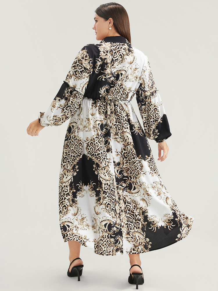 Plus Size Leopard Pocket Button Detail Lantern Sleeve Split Dress Black Women Office Pocket Shirt collar Long Sleeve Curvy Long Dress BloomChic 18-20/2X 