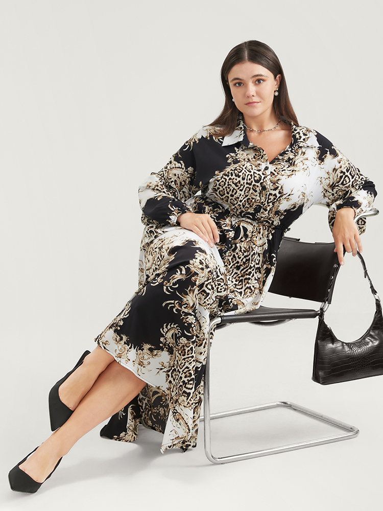 Plus Size Leopard Pocket Button Detail Lantern Sleeve Split Dress Black Women Office Pocket Shirt collar Long Sleeve Curvy Long Dress BloomChic 18-20/2X 