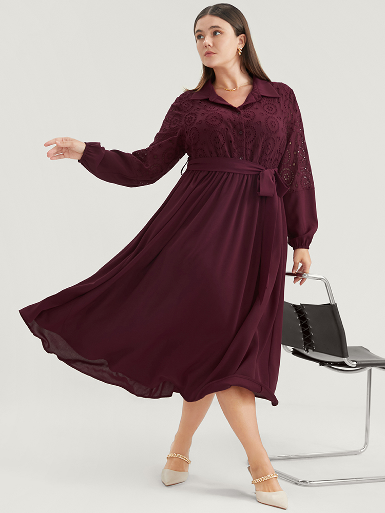 

Plus Size Solid Pocket Button Detail Eyelet Lace Belted Dress Burgundy Women Casual Patchwork Shirt collar Long Sleeve Curvy Midi Dress BloomChic