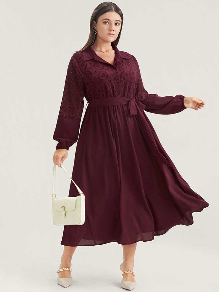 

Plus Size Solid Pocket Button Detail Eyelet Lace Belted Dress Burgundy Women Casual Patchwork Shirt collar Long Sleeve Curvy Midi Dress BloomChic