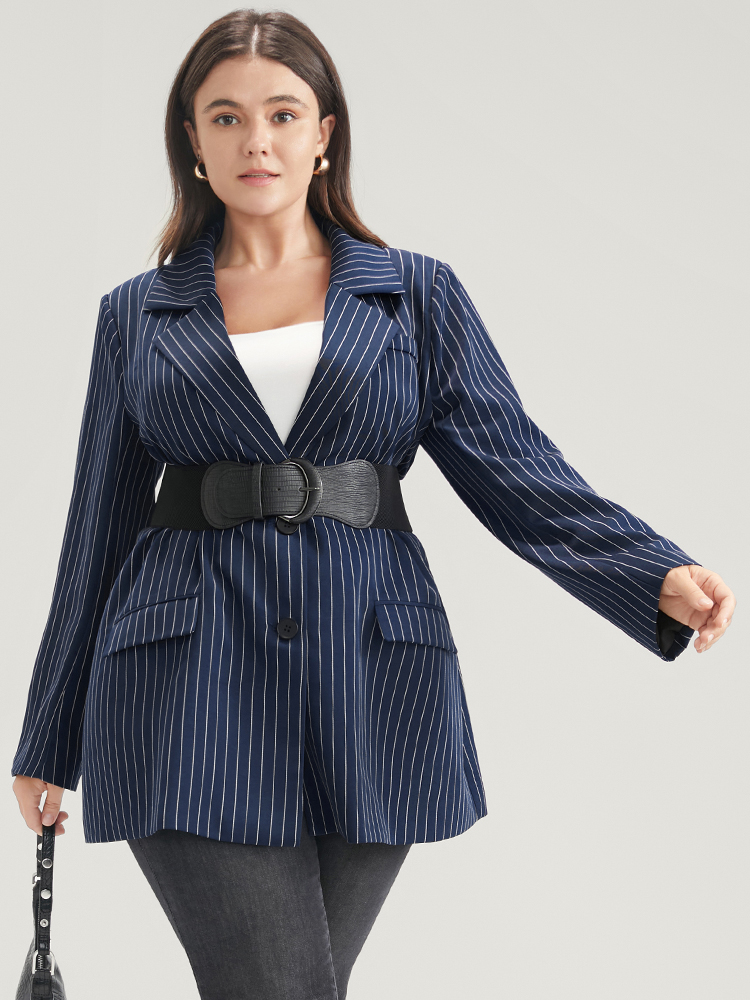 

Plus Size Striped Suit Collar Flap Pocket Button Up Blazer Without Belt DarkBlue Women Work Striped Pocket Sleeve Long Sleeve Suit Collar  Pocket Office Blazers BloomChic