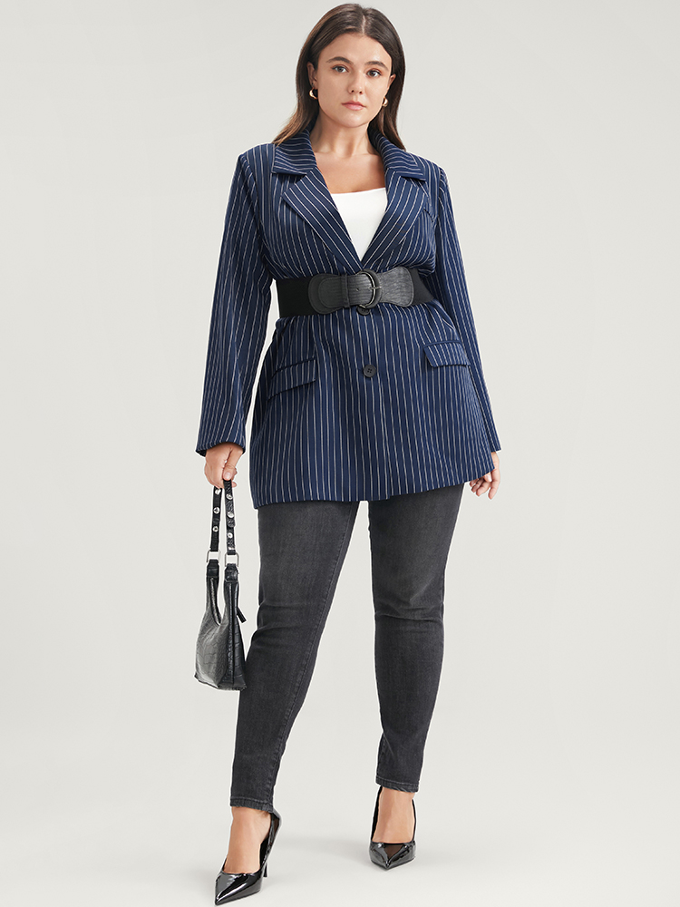Plus Size Striped Suit Collar Flap Pocket Button Up Blazer Without Belt DarkBlue Women Work Striped Pocket Sleeve Long Sleeve Suit Collar 10/M Pocket Office Blazers BloomChic 