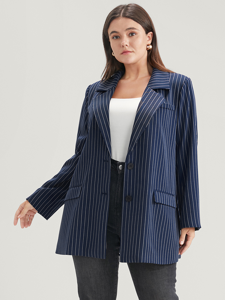 Plus Size Striped Suit Collar Flap Pocket Button Up Blazer Without Belt DarkBlue Women Work Striped Pocket Sleeve Long Sleeve Suit Collar 10/M Pocket Office Blazers BloomChic 