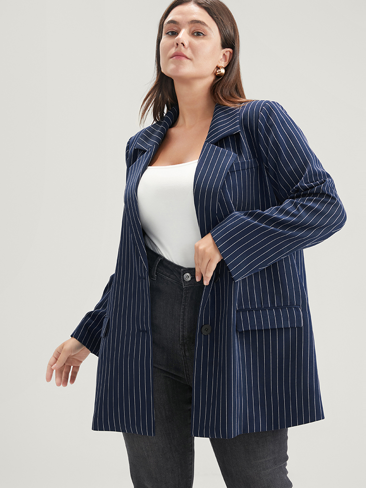 Plus Size Striped Suit Collar Flap Pocket Button Up Blazer Without Belt DarkBlue Women Work Striped Pocket Sleeve Long Sleeve Suit Collar 10/M Pocket Office Blazers BloomChic 