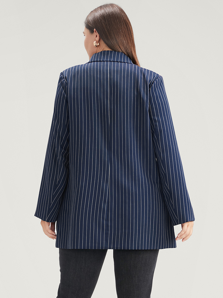 Plus Size Striped Suit Collar Flap Pocket Button Up Blazer Without Belt DarkBlue Women Work Striped Pocket Sleeve Long Sleeve Suit Collar 10/M Pocket Office Blazers BloomChic 