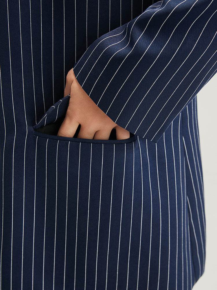 Plus Size Striped Suit Collar Flap Pocket Button Up Blazer Without Belt DarkBlue Women Work Striped Pocket Sleeve Long Sleeve Suit Collar 10/M Pocket Office Blazers BloomChic 
