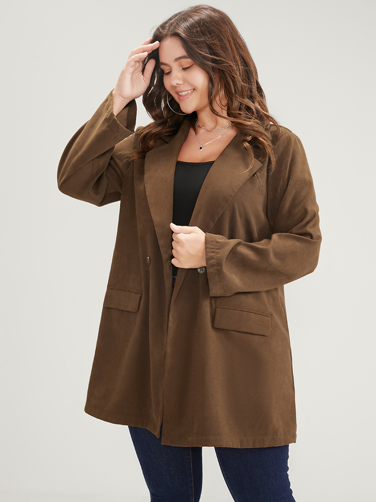 Image of Plus Size Solid Pocket Suit Collar Double Button Blazer Brown Women Dailywear Plain Pocket Sleeve Long Sleeve Suit Collar 10/M Pocket Casual Blazers BloomChic