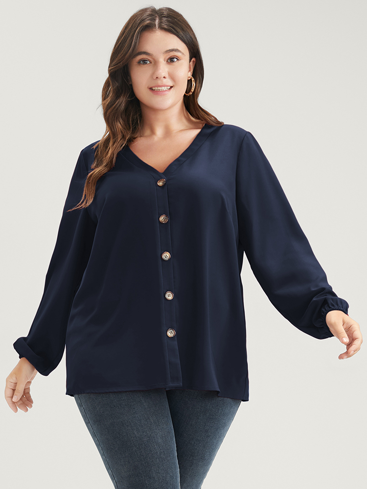 

Plus Size Solid V Neck Lantern Sleeve Button Up Blouse DarkBlue Basics Shirts