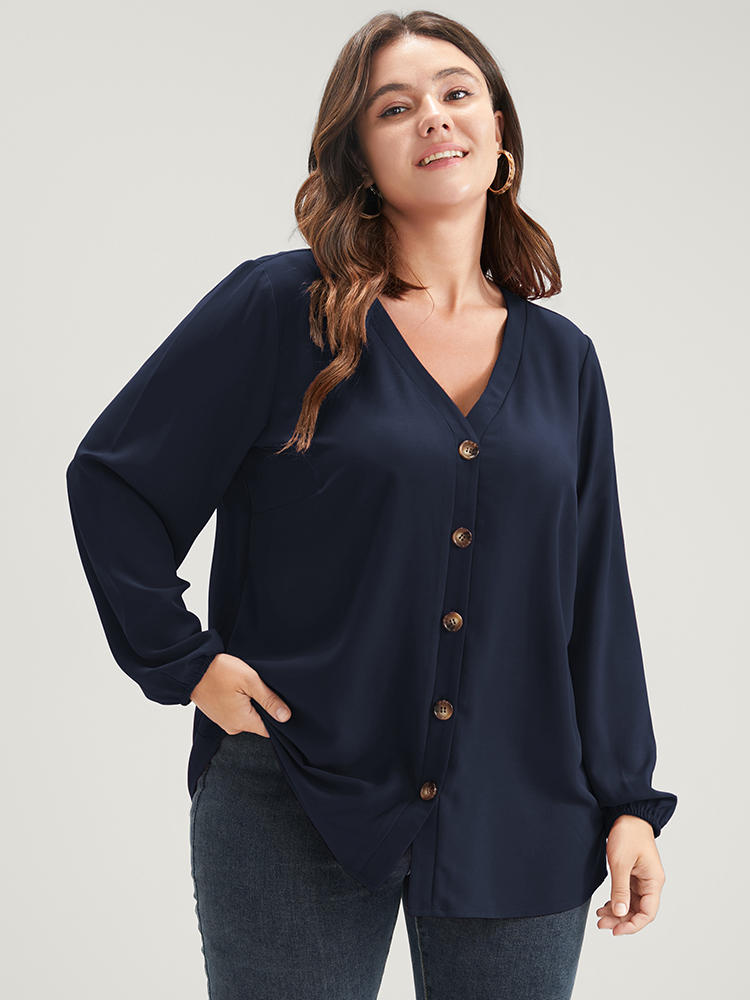 

Plus Size Solid V Neck Lantern Sleeve Button Up Blouse DarkBlue Basics Shirts