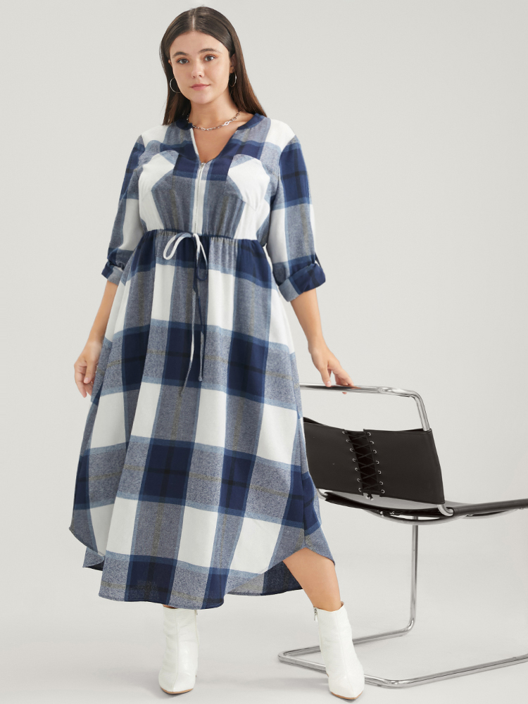 

Plus Size Plaid Roll Sleeve Pocket Ties Up Zipper Arc Hem Dress DarkBlue Women Elegant Arc Hem V-neck Long Sleeve Curvy Midi Dress BloomChic