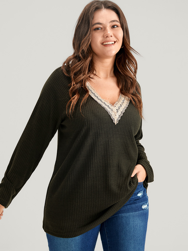 

Plus Size Solid Contrast Lace V Neck Rib Knit Long Tee ArmyGreen Women Elegant Plain Plain V-neck Dailywear T-shirts BloomChic