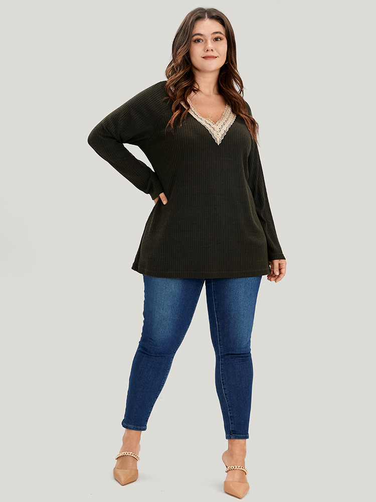 Plus Size Solid Contrast Lace V Neck Rib Knit Long Tee ArmyGreen Women Elegant Plain Plain V-neck Dailywear T-shirts BloomChic 22-24/3X 