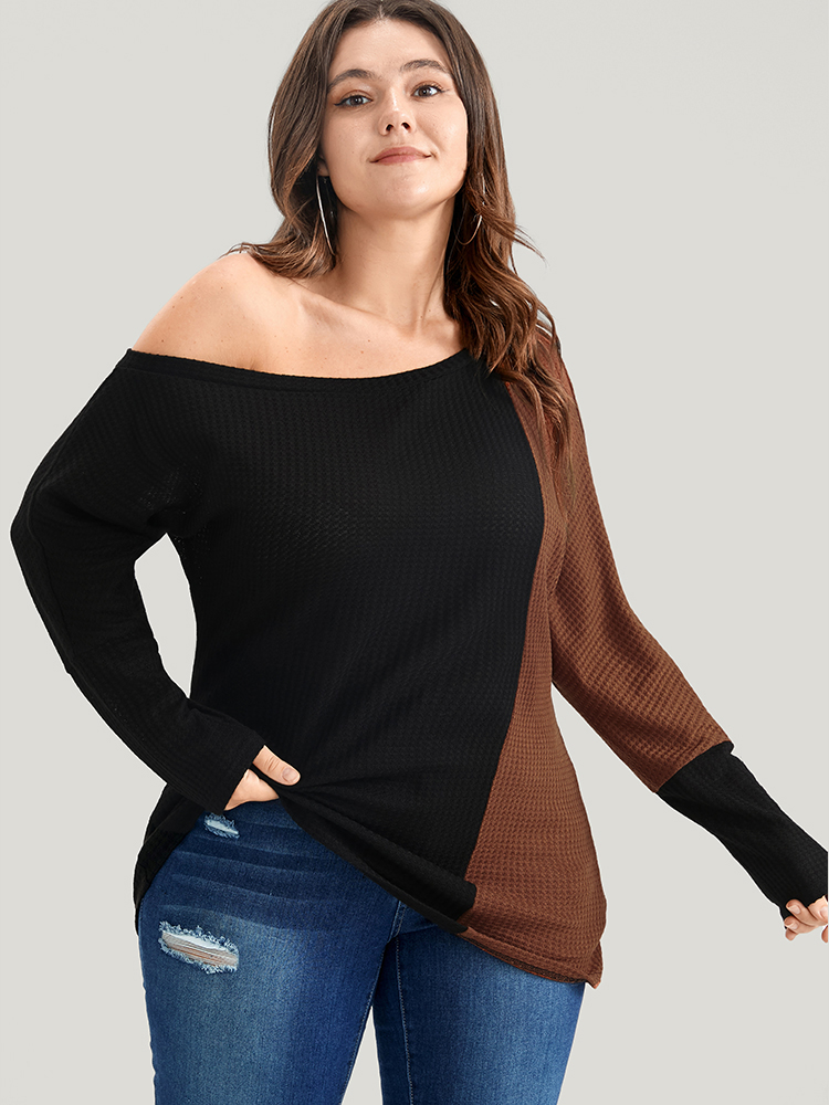 

Plus Size Colorblock Contrast Waffle Knit One Shoulder Long Tee Black Women Elegant Patchwork Colorblock One Shoulder Dailywear T-shirts BloomChic